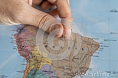 Brazil travel destination on world map Stock Photo