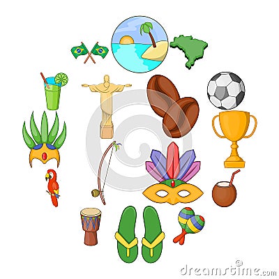 Brazil travel icons set, cartoon style Vector Illustration