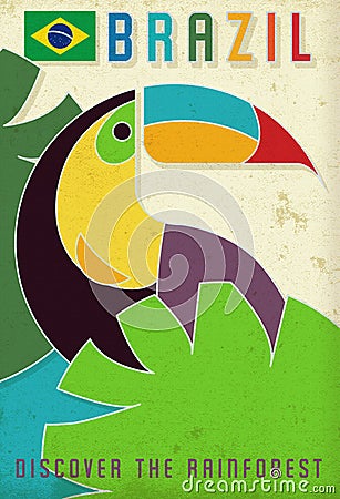 Brazil Travel Poster Grunge Parrot Vintage Stock Photo