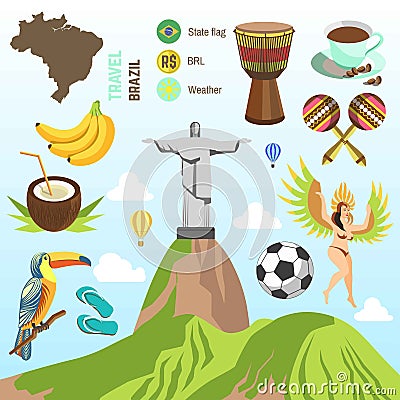 Brazil travel vector famous Brazilian sightseeing and culture landmarks Vector Illustration