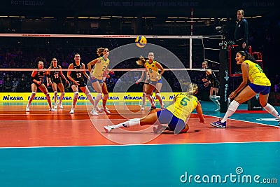 Brazil v. Belgium - Brazilian player missed intercepting the ball at Women`s volleyball championship 2022 at Ahoy arena Rotterdam Editorial Stock Photo