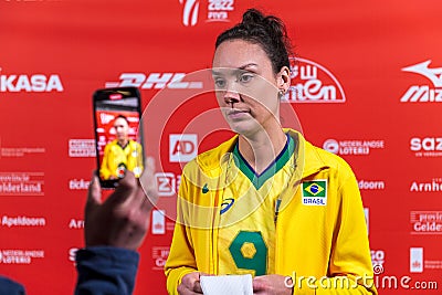 Brazil v. Netherlands - Roberta Silva Ratzke, Brazilian player interviewed by journalist at Women`s volleyball championship 2022 Editorial Stock Photo