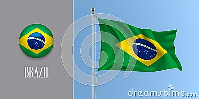 Brazil waving flag on flagpole and round icon vector illustration. Vector Illustration