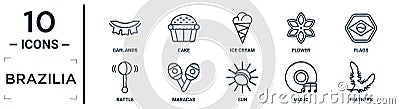 brazilia linear icon set. includes thin line garlands, ice cream, flags, maracas, music, feathers, rattle icons for report, Vector Illustration