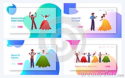 Brazilian Artists Performance Website Landing Page Set. Virtuoso Music Players and Traditional dancers Performing Vector Illustration