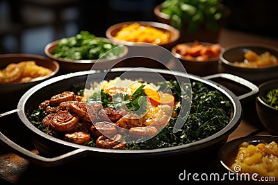 Brazilian Banquet: Feijoada, Acarajés, Bobó and Cocada on a rustic table, surrounded by foliage., generative IA Stock Photo