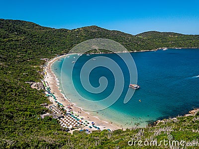 Brazilian beach Prainhas do Pontal de Atalaia in Arraial do Cabo in the Brazilian state of Rio de Janeiro. Aerial drone Stock Photo