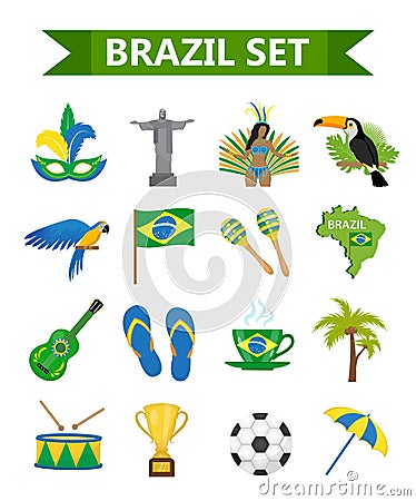 Brazilian carnival icons flat style. Brazil country travel tourism. Collection of design elements, culture symbols with Vector Illustration