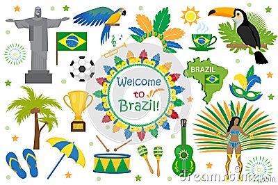 Brazilian carnival icons flat style. Brazil country travel tourism. Collection of design elements, culture symbols with Vector Illustration