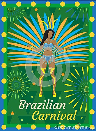 Brazilian carnival Rio de Janeiro poster, invitation. Brazil samba dancers, women dance in costumes with feathers Vector Illustration