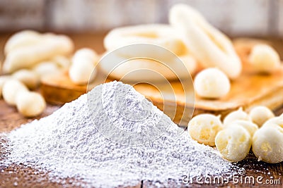 Brazilian cassava flour or starch, called polvilho, cassava starch, carimÃ£ or gum. Cuisine and ingredients from Brazil and the Stock Photo