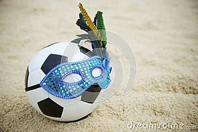 Brazilian Culture Football Soccer Ball Wears Carnival Mask Beach Stock Photo