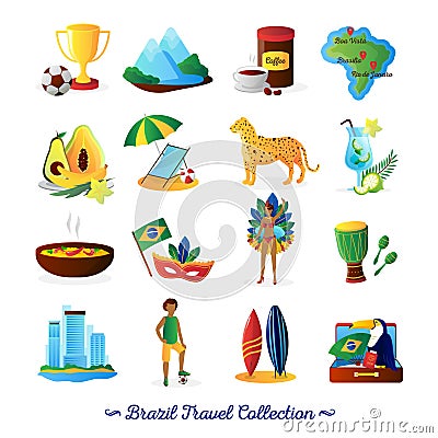 Brazilian Culture Symbols Flat Icons Set Vector Illustration