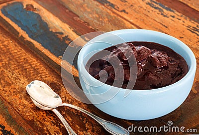 Brazilian dessert Acai in blue bowl Stock Photo