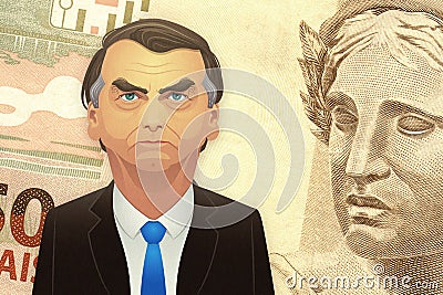 Santo AndrÃ©/SÃ£o Paulo/Brazil - April 10, 2020: Illustration of the brazilian president Jair Bolsonaro in front of a BRL banknote Editorial Stock Photo