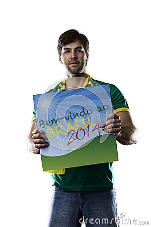 Brazilian Fan holding a welcome to Brazil sign Stock Photo