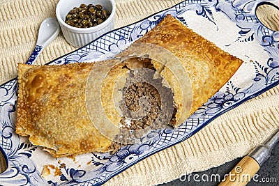 Brazilian food. Pastel, pastry in English, typical dish on Brazil Stock Photo