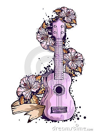 Brazilian guitar, ukulele, tropical flowers.Color sketch drawing, isolated object on a white background Vector Illustration