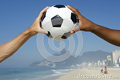 Brazilian Hands Holding Football Soccer Ball Rio Stock Photo