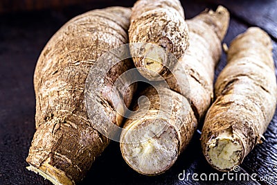 Brazilian manioc, a vegetable used in Brazilian cuisine, called macaxeira, Stock Photo