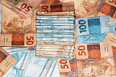 Brazilian money package with 50 and 100 notes Stock Photo