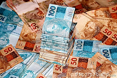 Brazilian money package with 50 and 100 reais notes Stock Photo