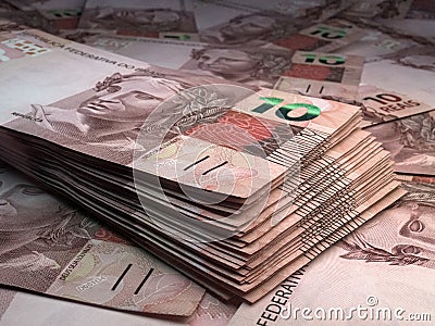 Brazilian money. Brazilian real banknotes. 10 BRL reals bills Stock Photo