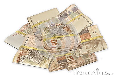 Brazilian money tied and piled. Stock Photo