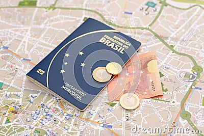 Brazilian passport, euros and map for travel abroad. Stock Photo