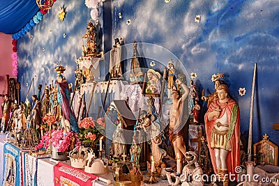 Brazilian religious altar mixing elements of umbanda, candomble and catholicism Stock Photo