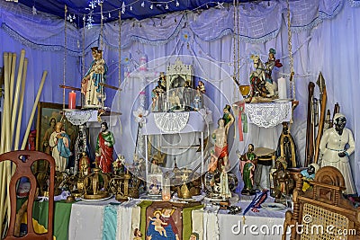 Brazilian religious altar mixing elements of umbanda, candomblÃ© and catholicism Stock Photo