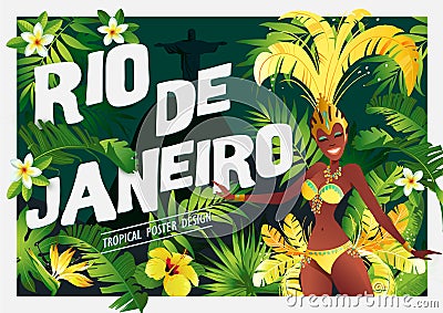 Brazilian samba dancer. Carnival in Rio de Janeiro girls wearing a festival costume is dancing. Vector illustration. Vector Illustration