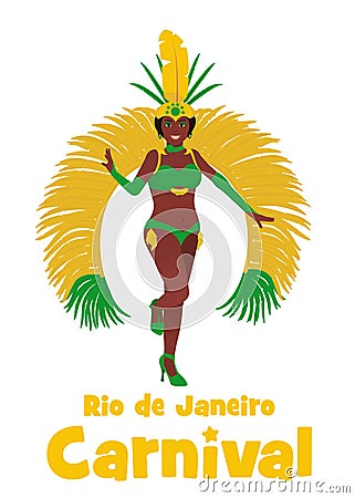 Brazilian samba dancer illustration. Beautiful woman in carnival costume at the festival in Rio de Janeiro Vector Illustration