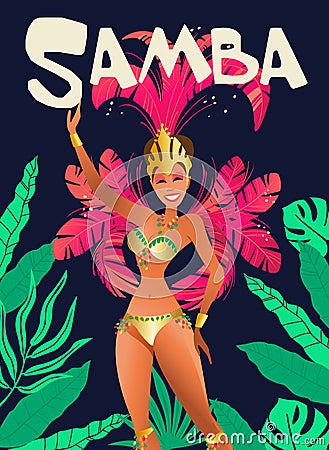 Brazilian samba posters. Carnival in Rio de Janeiro dancers wearing a festival costume is dancing. Vector illustration. Vector Illustration