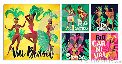 Brazilian samba posters. Carnival in Rio de Janeiro dancers wearing a festival costume is dancing. Vector illustration. Vector Illustration