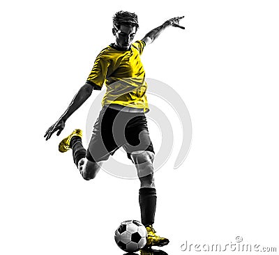 Brazilian soccer football player young man kicking silhouette Stock Photo