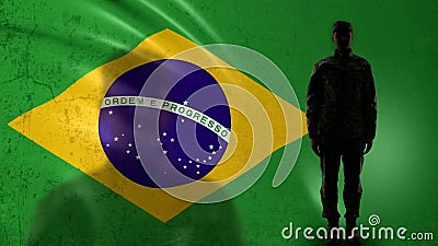 Brazilian soldier silhouette standing against national flag, proud army sergeant Stock Photo