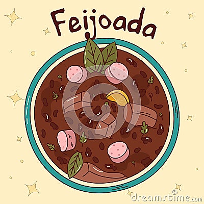 Brazilian traditional food. Feijoada. Vector illustration in hand drawn style Vector Illustration