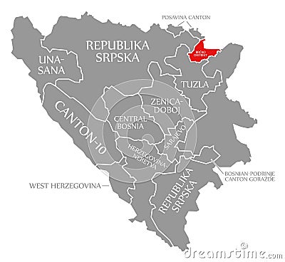 Brcko Distrikt red highlighted in map of Bosnia and Herzegovina Cartoon Illustration