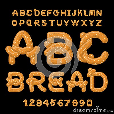 Bread ABC. Pretzel font. Food alphabet. Traditional German meal. Vector Illustration