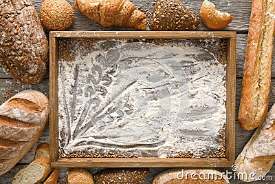 Bread bakery background. Brown and white wheat grain loaves comp Stock Photo