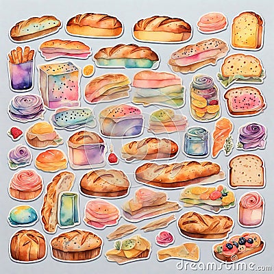 Bread and bakes pastry food stickers, watercolor style, generated by AI Cartoon Illustration