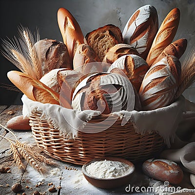 Bread in basket with baking flour and wheat stalks Stock Photo