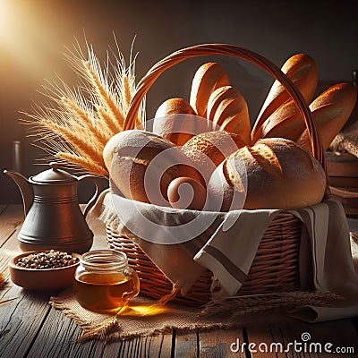 Bread in basket with honey jar and wheat stalks Stock Photo