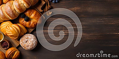 Bread, buns, loaves, rolls, pastry, sweets on rustic wooden bakery counter table background, text copy space, top view Stock Photo