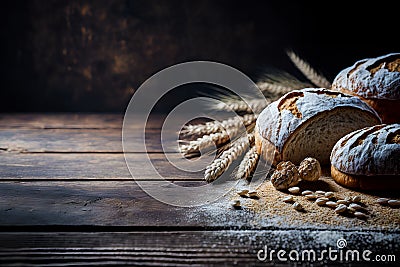 Bread buns, wheat ears and flour on wooden table over dark black rustic background, copy space, banner design Stock Photo