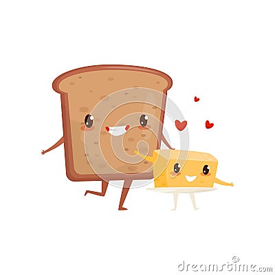 Bread and butter are friends forever, cute funny food cartoon characters vector Illustration on a white background Vector Illustration