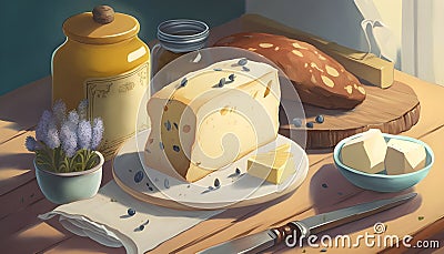 bread with butter and honey, lavender, illustration, rustic still life, dinner, wallpaper Cartoon Illustration