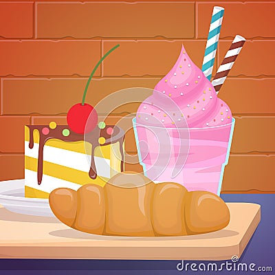 Bread Cake Ice Cream Food Photography Tasty on Wooden Table Vector Illustration