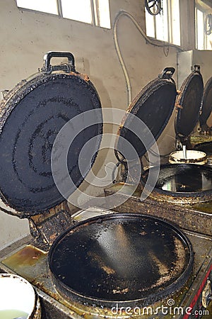 Bread cakes factory equipment, baking pan Stock Photo